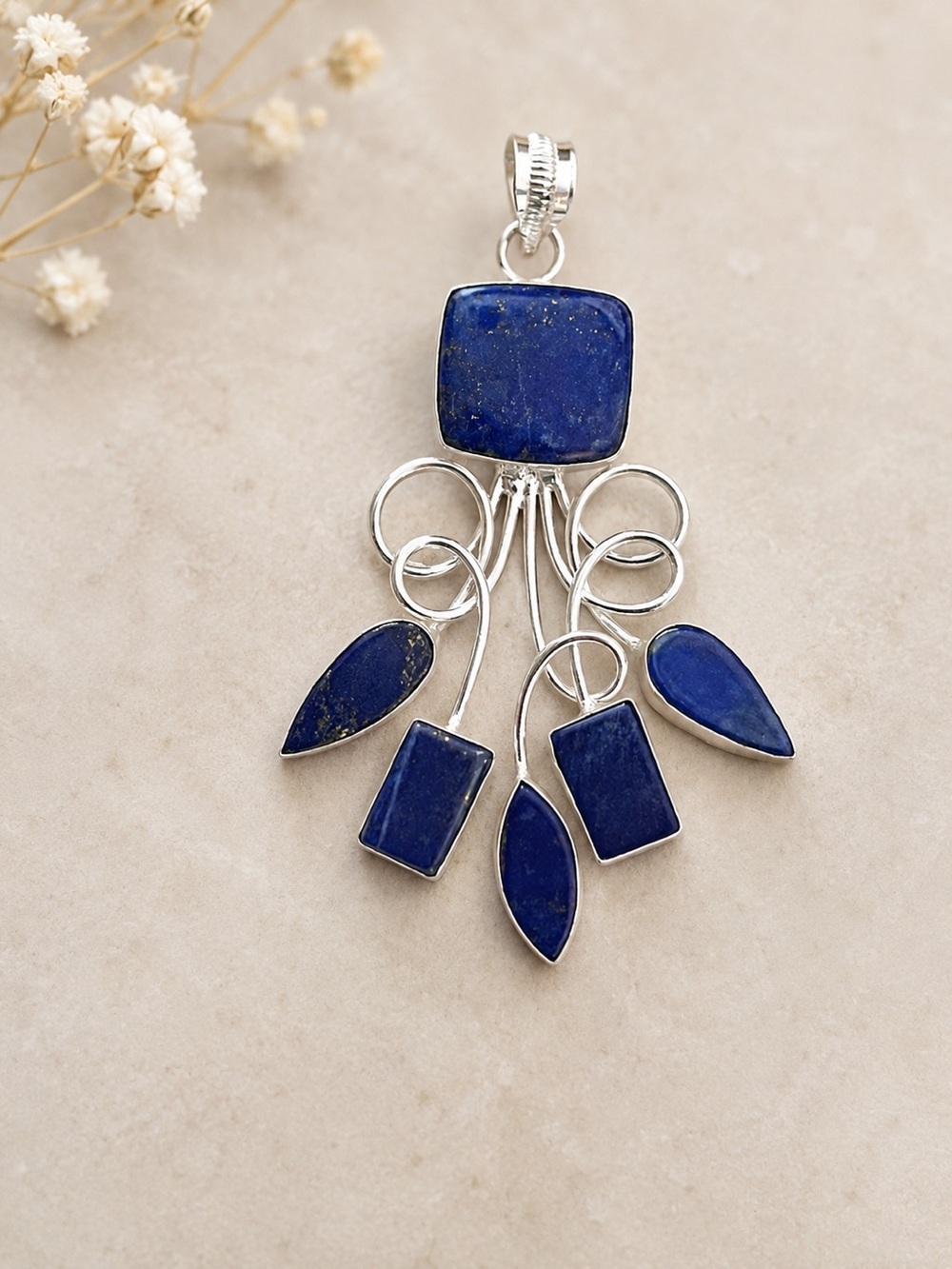 6-Stone Lapis Lazuli 925 Silver Unique Artisan Pendant